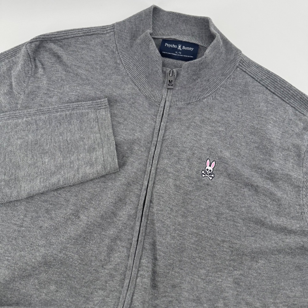 Psycho Bunny Saratoga Full Zip Cardigan Mens XL Gray Supima Cotton Merino Wool
